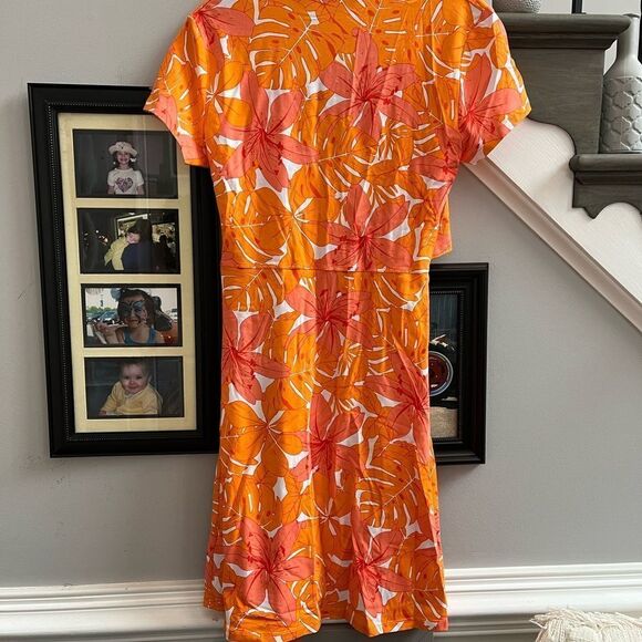 Lands End Orange Tropical Print Short Sleeve Wrap Top Dress sz M NWOT - Picture 5 of 5